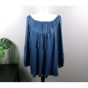 NEW DIRECTION Top  1X Chambray Long Sleeve Off‎ Shoulder Tassel Neck NEW